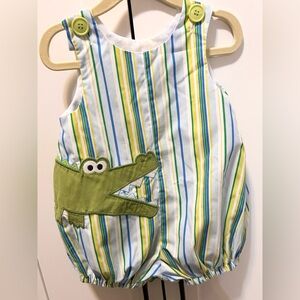 Boys Smocked Striped Baby Romper with Crocodile Patch